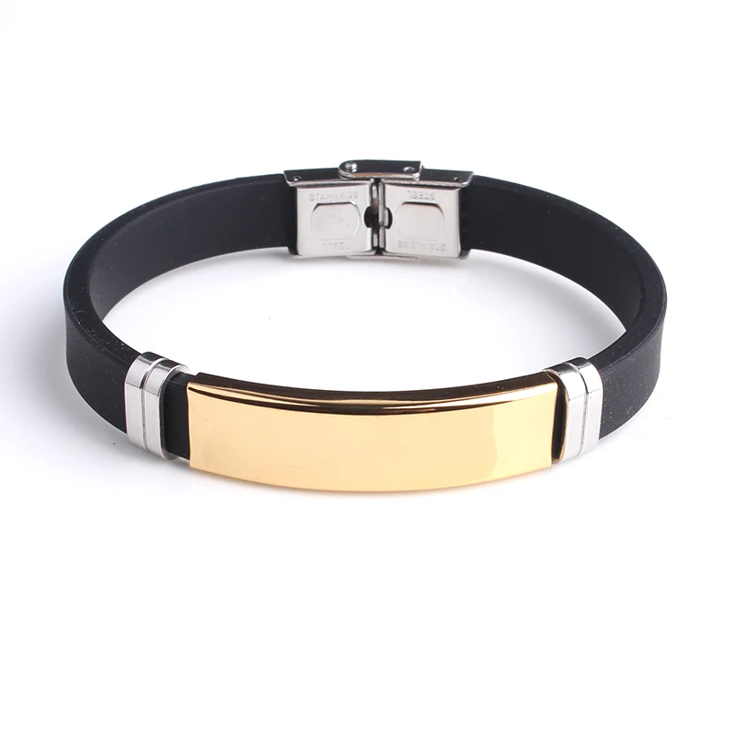 

New Fashion personality custom made logo engrave name bracelet Gold color Smooth Silicone 316L Stainless Steel bracelets for men