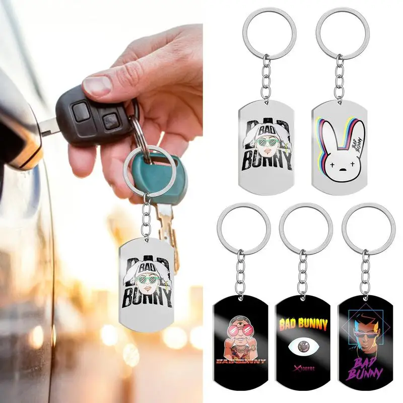 

New Bad Bunny Keychain Stainless Steel Rabbit Keyring Famous Singer Pendant Keyring Chain For Women Men Fans Gift Easter Gift