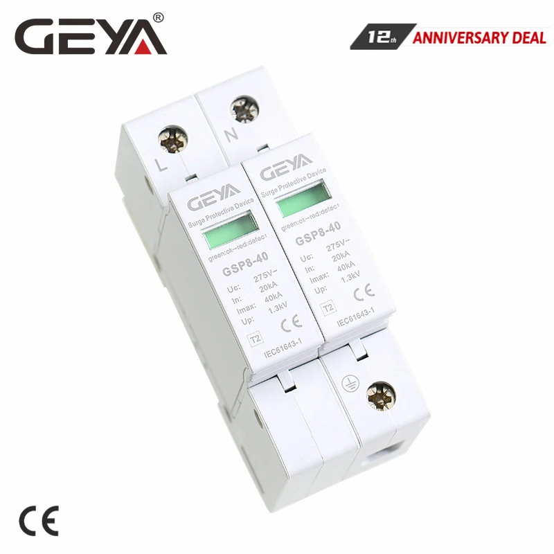 

GEYA GSP8-2P Din Rail Surge Protection Device 2P AC275V AC385V 20KA-40KA Lightning Surge Protector AC SPD