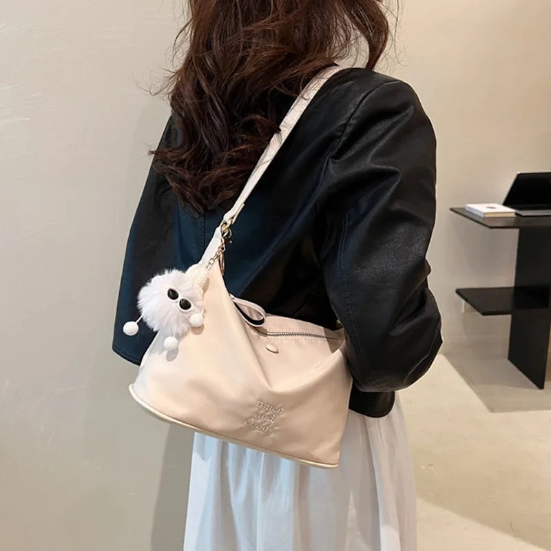 Textured Embroidered Trendy Letter Underarm Bags Casual Simple Solid Color Nylon Single Shoulder Bag Commuting Versatile Satchel
