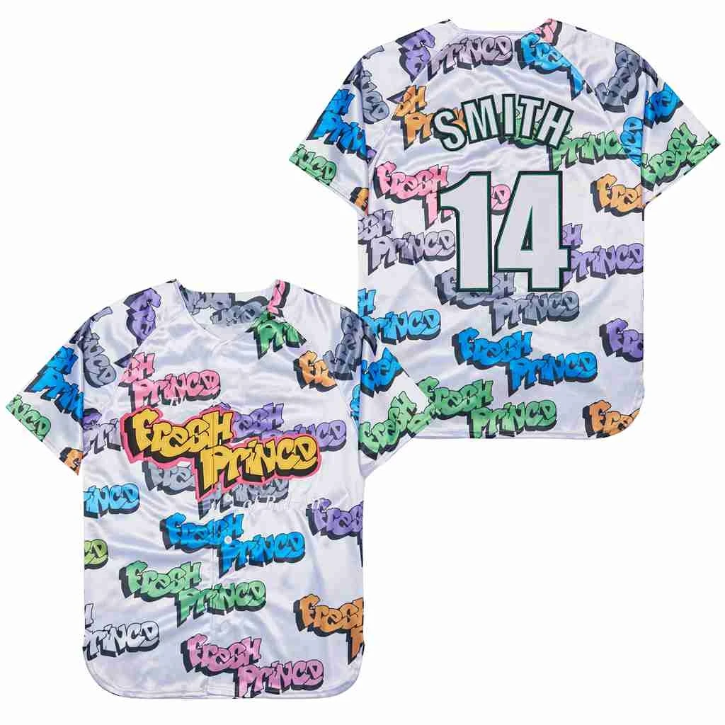 BG baseball jerseys FRESH PRINCE 14 SMITH jersey Outdoor sportswear Embroidery sewing White typeface Hip-hop Street culture