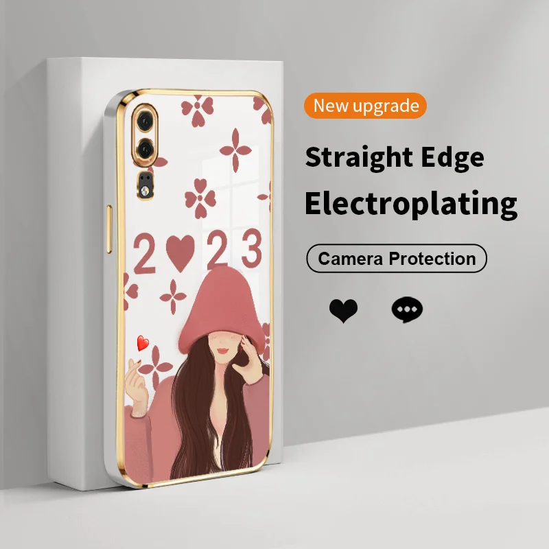 

Sweet Girl Square Electroplating Phone Case for Huawei P20 P30 P40 Pro P30 Lite New Edition Nova 3E 4E Soft TPU Back Cover