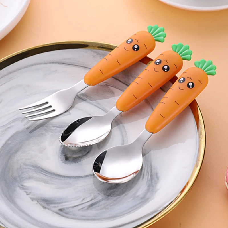 

Carrot Spoon Baby Gadgets Tableware Children Utensil Stainless Steel Toddler Dinnerware Cutlery Cartoon Baby Gadgets Feedkid