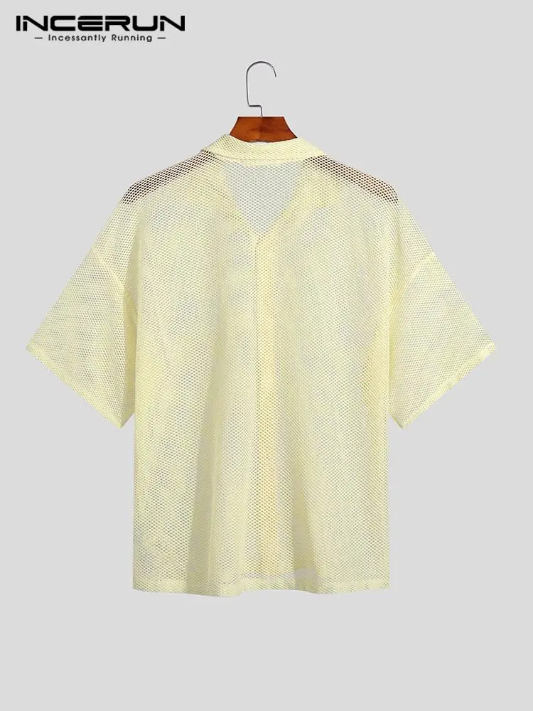 Fashion Casual Men's Tops Solid Comfortable See-through Mesh Blouse Stylish Drop Shoulder Mid Sleeve Lapel Shirts S-5XL INCERUN