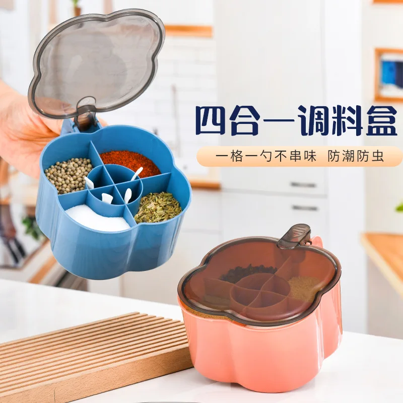 

4 Grid Seasoning Boxes Pepper Sugar Bowl Salt Spice Shaker Storage Jars Gadget Kitchen Accessories Organizer Condiment Container