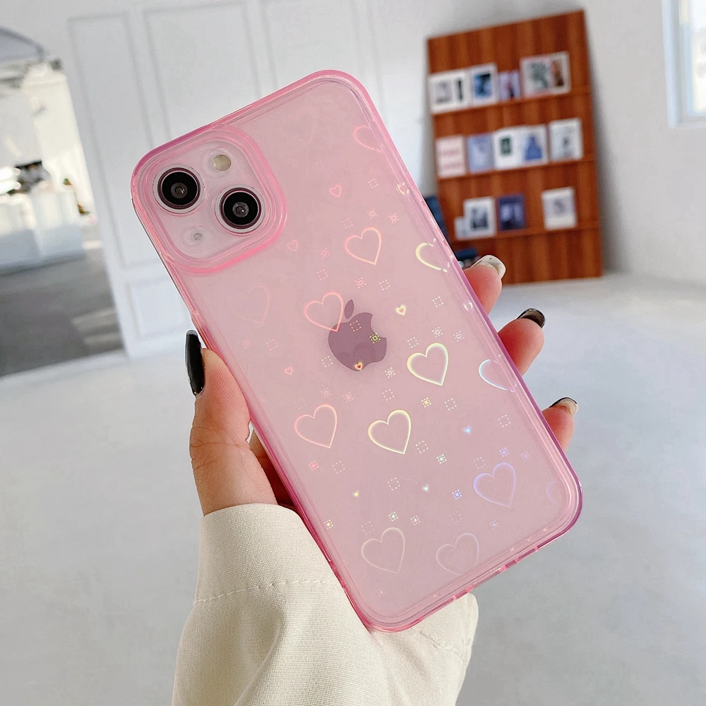 

Candy Color Love Heart Laser Phone Case For iPhone 12 iPhone11 11 13 Pro XR X Xs Max 8 7 Plus Shockproof Soft Silicone Cover