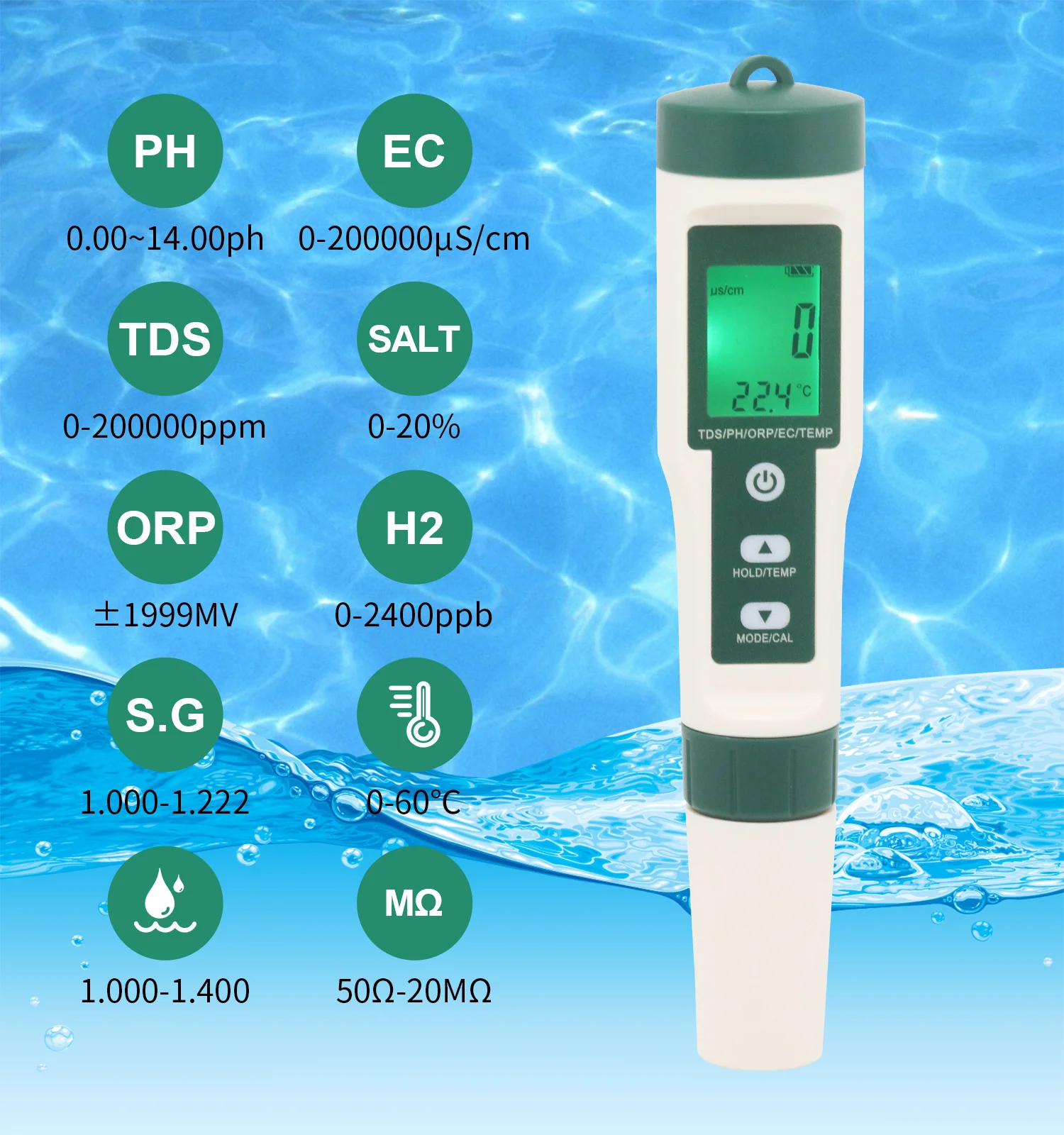 Monitor de calidad del agua para piscinas, agua potable, acuarios, PH/TDS/EC/SALT/TEMP/S.G/ORP/H2/fértil/resistencia, nuevo, 10 en 1