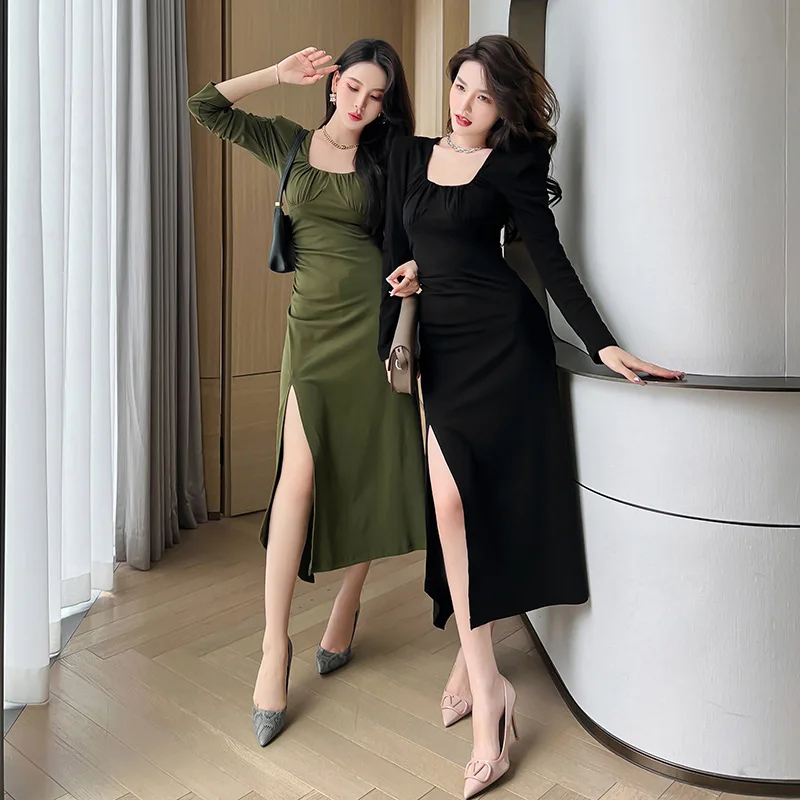 

Autumn Dress 2022 New Women's Clothing Folds Square Collar Sexy Party Dress Women Casual Beach Split Slim Long Dresses Vestidos
