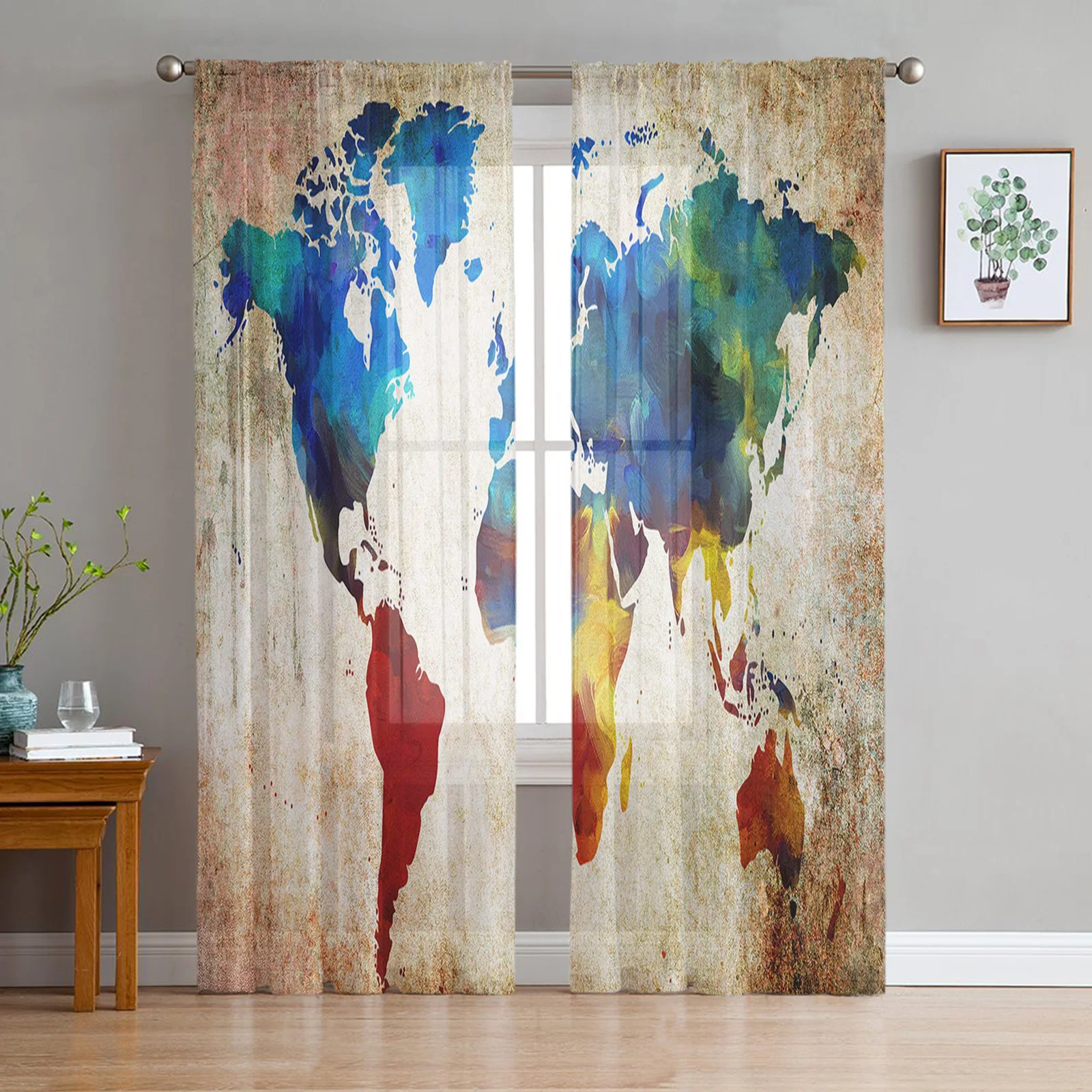 

Colorful Map On Vintage Background Tulle Curtains For Living Room Sheer Curtain Bedroom Voile Decorative Window Treatments