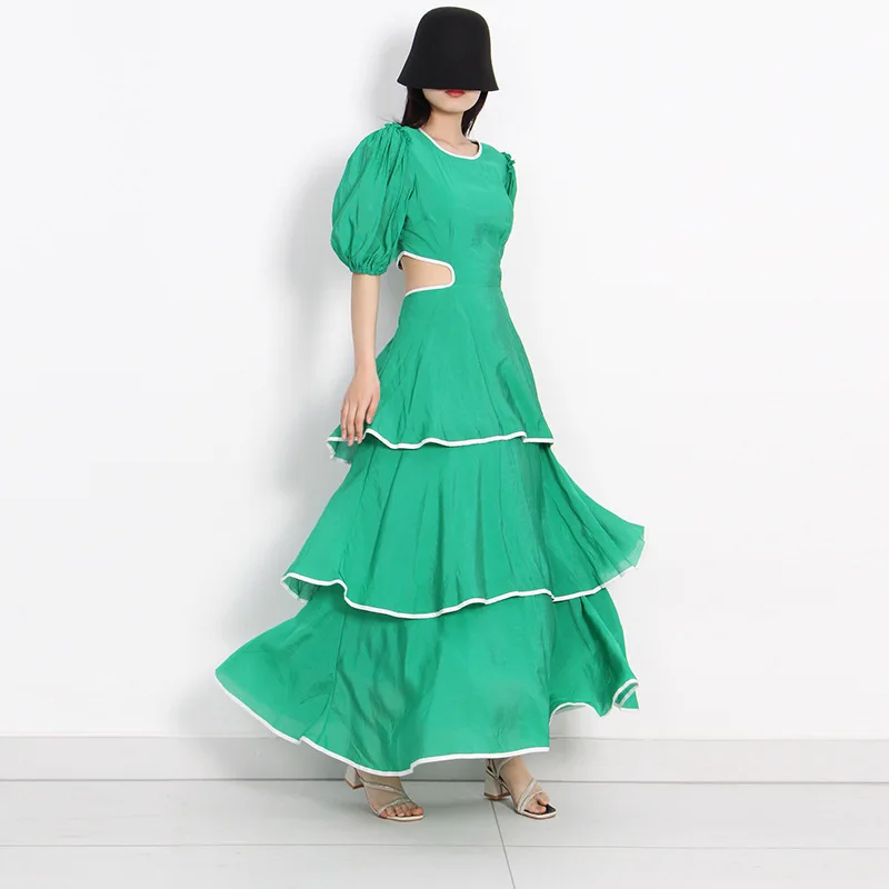 

Solid Western Style Lotus Leaf Cake Long Skirt 2022 Summer New Round Neck Elegant Puff Sleeves Waist Hollow Design Dress Female