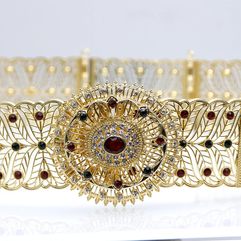 

Neovisson Colorful Rhinestone Metal Wedding Waist Belt ArabesqueWomen Waistband Adjsut Length Handmade Gold Color Body Jewelry