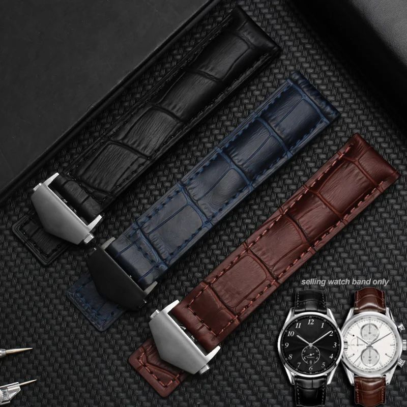 Фото Кожаный ремешок для часов TAG Heuer Calera, 19 мм, 20 мм, 22 мм, стальная пряжка, синий, коричневый, черный, ремешок для часов из крокодиловой кожи, аксессуары №4