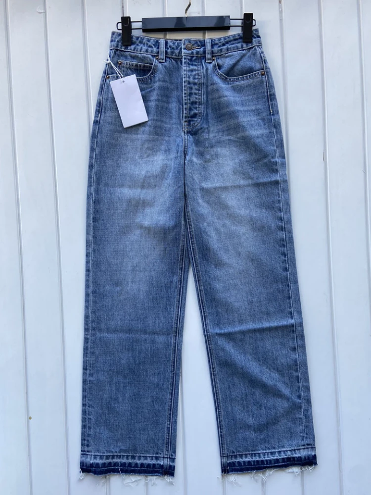 

Women Jeans 2022 Spring and Summer New 100% Cotton Solid Color Zipper Pocket Women Casual Straight Jeans Denim Trousers