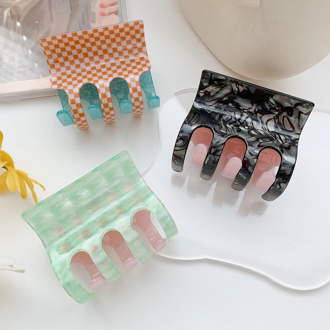 

Color Sparkly Water Checkerboard Hair Clip for Women Large Shark Clip Girl Cellulose Acetate Japanese Hair Accessories Hairwear