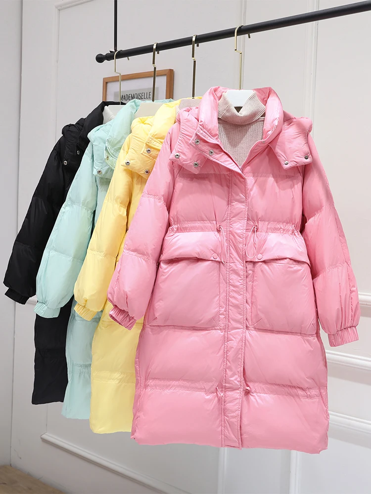 Fitaylor Winter Women White Duck Down Coat Female Solid Thick Warm Outwear Casual Loose Hooded Drawstring Long Jacket