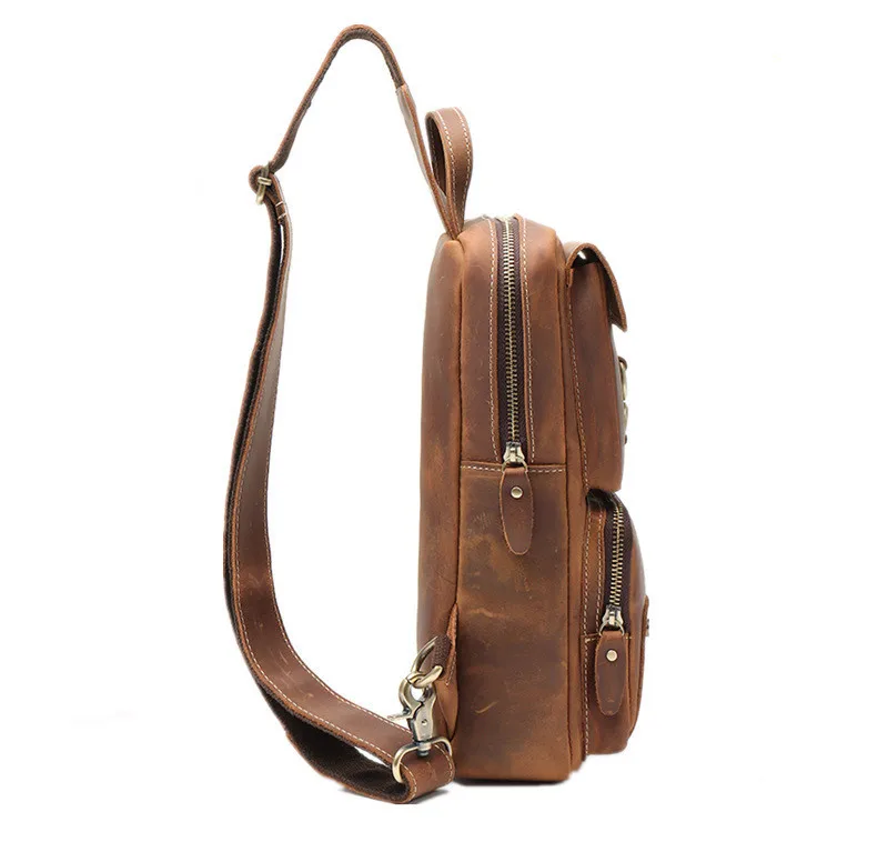 Vintage crazy horse cowhide men chest bag handmade outdoor daily sports natural genuine leather multi-pocket teens shoulder bag