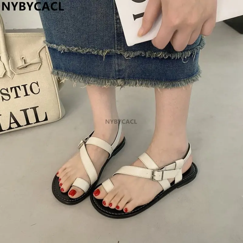 

Summer Women Gladiator Sandal Fashion Narrow Band Clip Toe Sandalias Casual Outdoor Beach open-toed A word buckle Flats Shoes