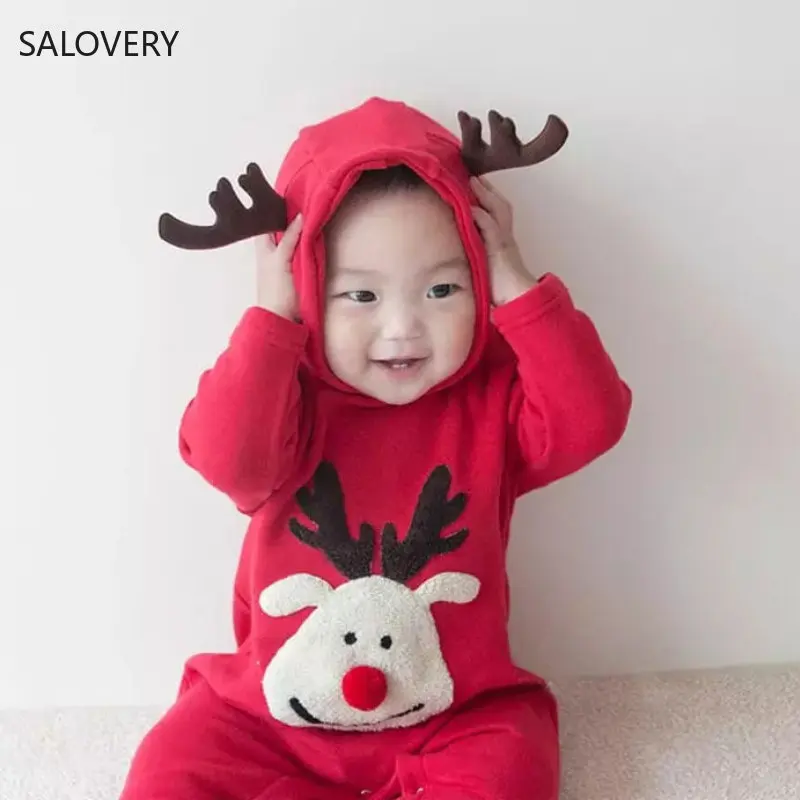 

New Christmas Newborn Clothes Autumn and Winter Baby Red Hooded Bodysuit Christmas Baby Creeper Cute Deer Embroidery Romper