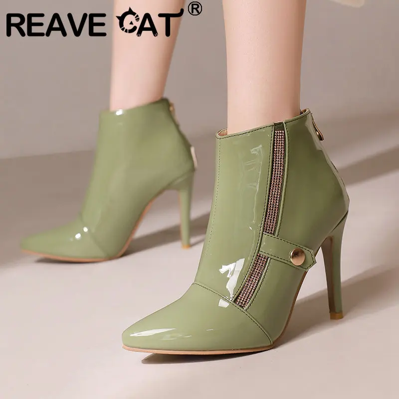 

REAVE CAT Women Ankle Boots Pointed Toe Thin High Heel 10cm Zipper Crystal Large Size 48 49 50 Concise Sexy Dating Female 47 48