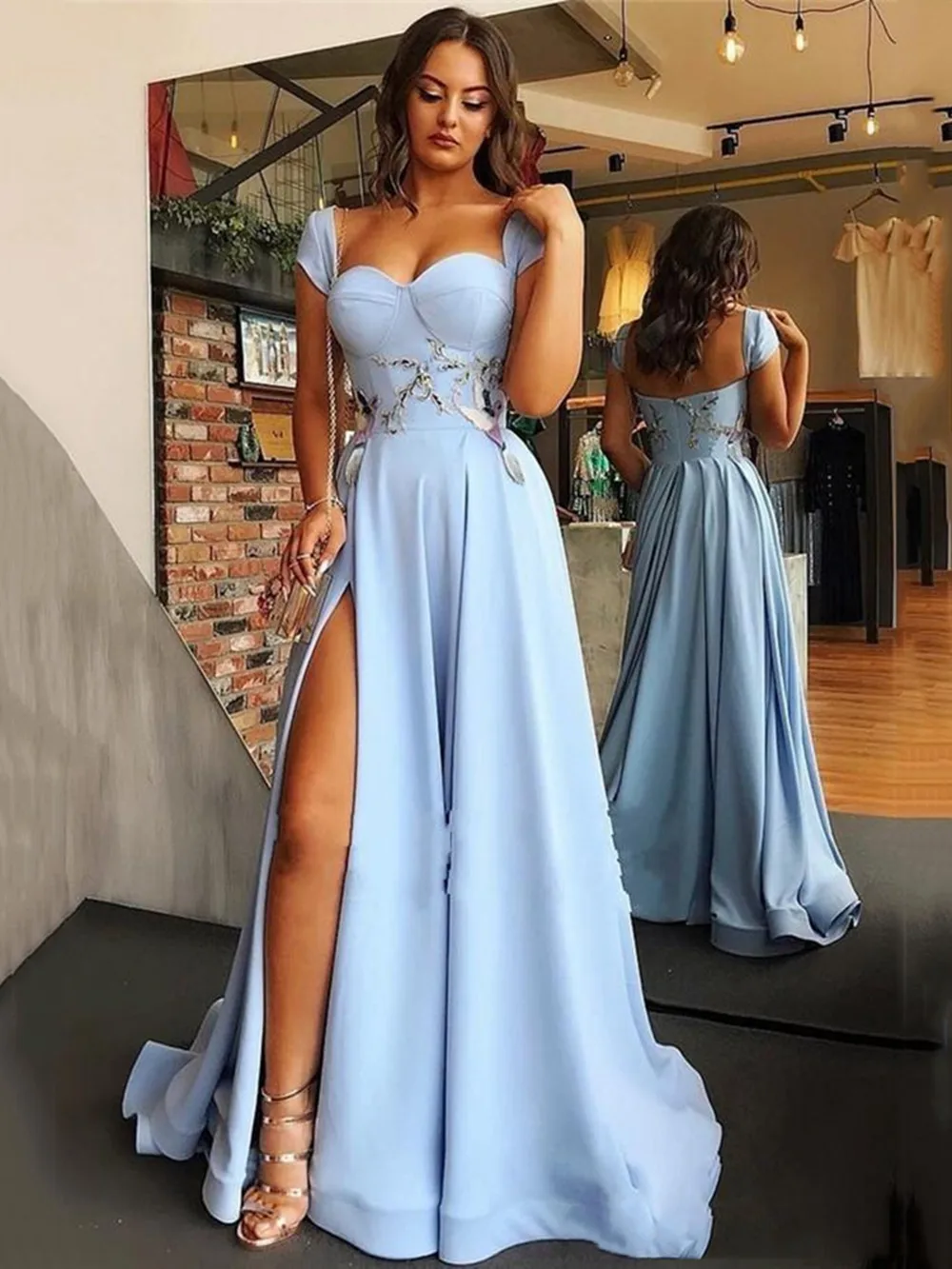 

Elegant Light Blue Prom Dresses Sexy Side Split Appliques Evening Gowns Cap Sleeve Sweetheart Custom Made Cheap