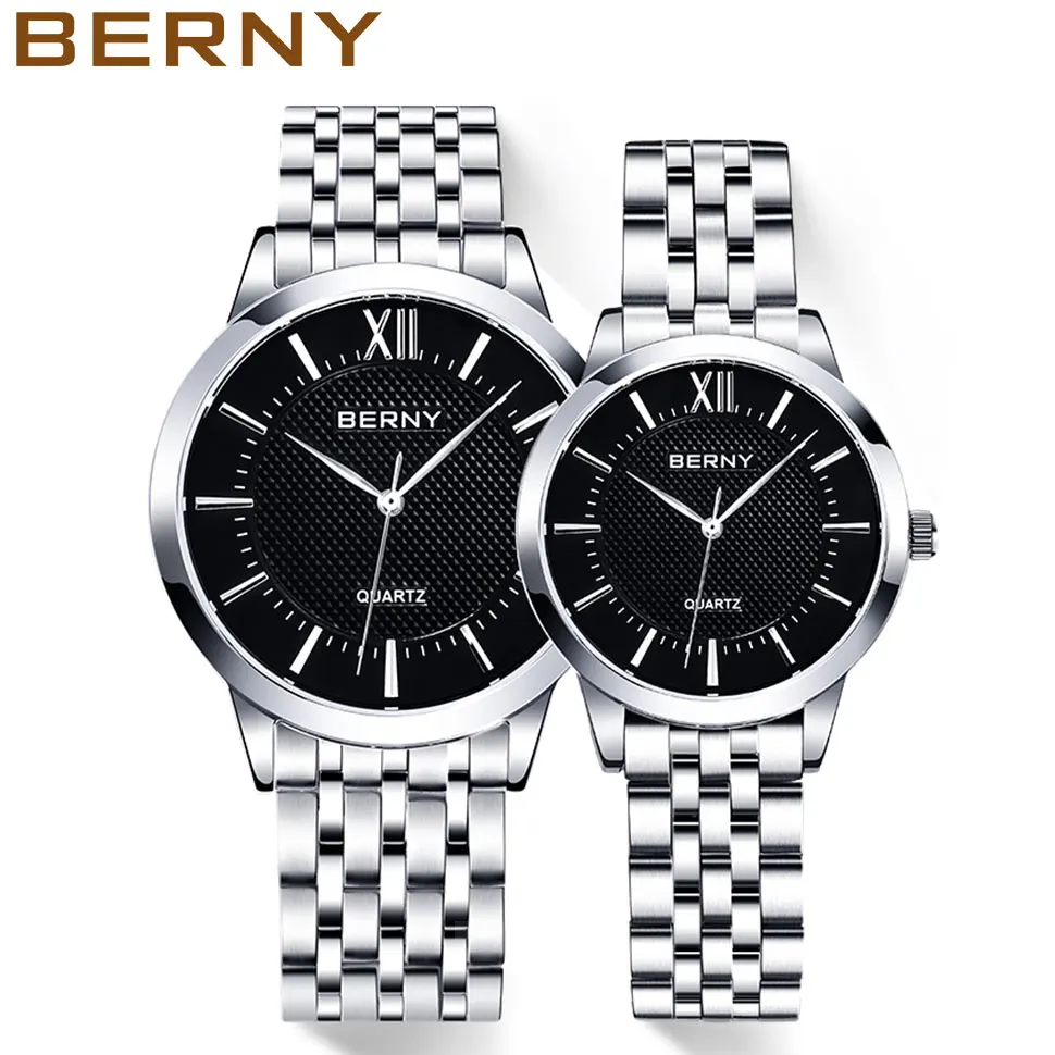 BERNY Couple's Quartz Watch for Women/Men's Wristwatch Exquisite Pure&Clean Design for Lovers Quality Stainless Steel Watch