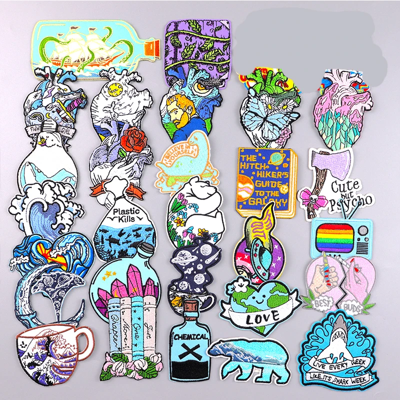 

Outdoor Scenery DIY Embroidery Patch Heart Waves Applique Iron On Patches For Clothing Thermoadhesive Patches On Clothes Badges