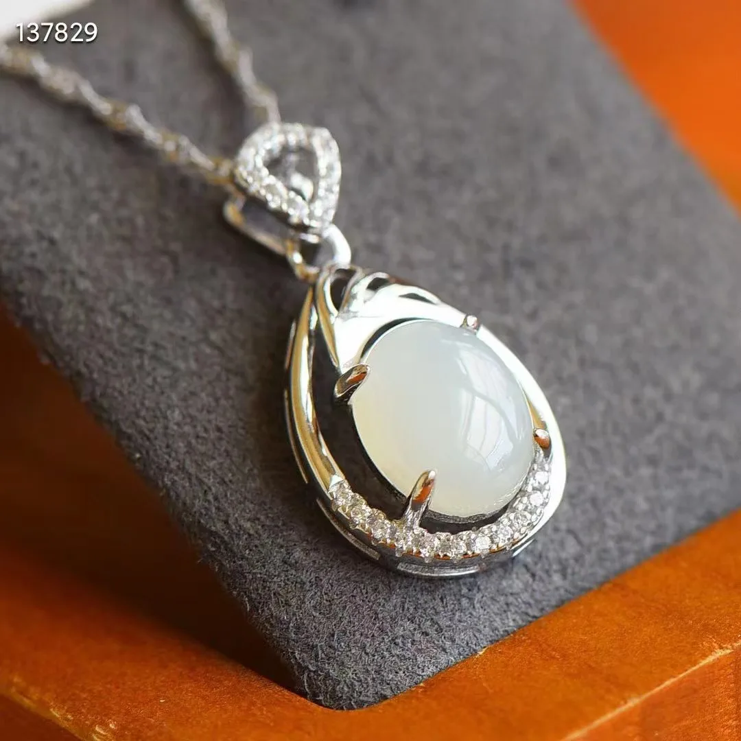 

Ожерелье из настоящего серебра 100% пробы с мозаикой из белых нефритовых бусин, подвеска в виде капли, ювелирные изделия для женщин, подарки, благословенный мир