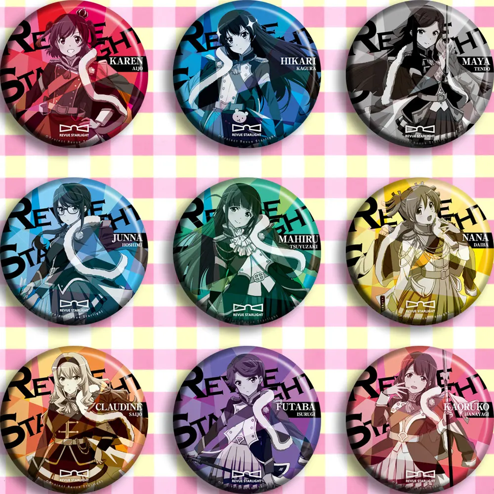 

9pcs/1lot Anime Revue Starlight Karen Hikari Yunna Badge Figure Badges Round Brooch Pin Gifts Kids Toy 3657