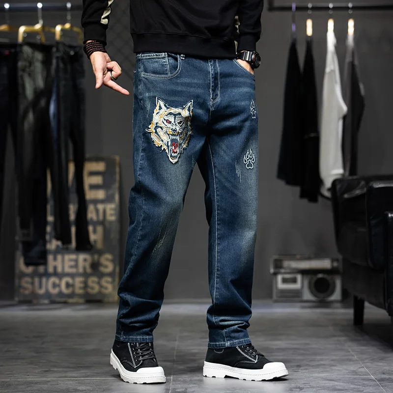 Wolf Embroidery Jeans Men Streetwear Denim Pants Fashion Jeans Pants Plus Size 40 42 44 Trousers Male Bottoms