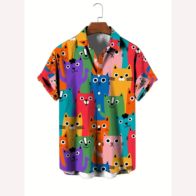 

Рубашка Мужская/женская с коротким рукавом, модная блуза с цветным котом и 3d принтом, на пуговицах, повседневный топ с графическим принтом, Детская новинка, на лето
