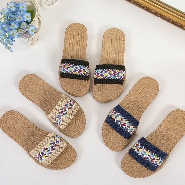 Women Flax House Slippers Summer Casual Slides Beach Shoes Ladies Indoor Linen Slippers Bohemia Floral Bow Flip Flops Sandals