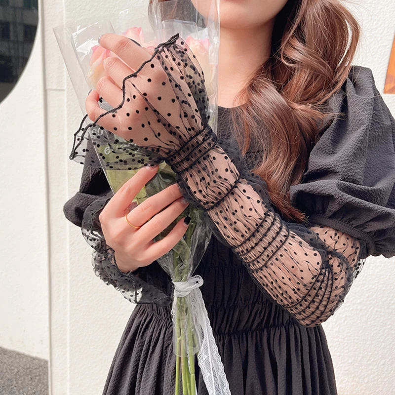 

Summer Long Cute Dot Lace Mesh Fingerless Gloves Sun Protection Arm Sleeve Sunscreen Thin Cycling Black Sexy Accessories