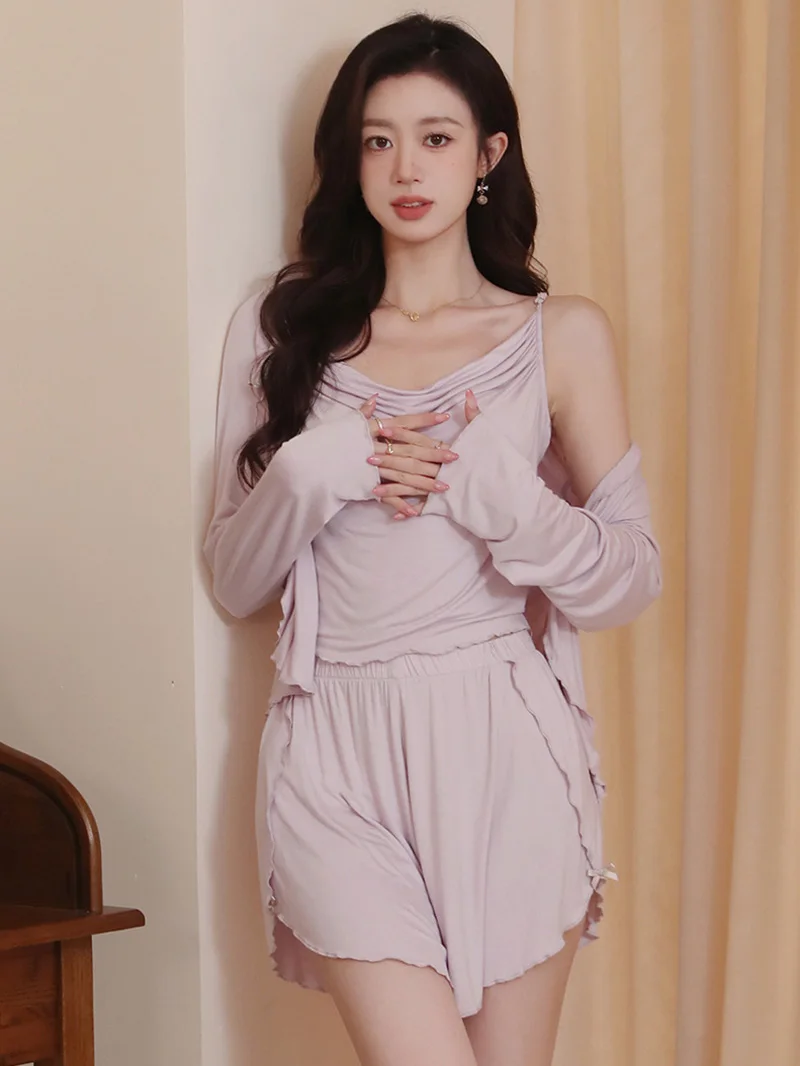 Women Summer French Sexy Modal Camisola Pajamas Three Piece Set Long Sleeve Cardigan Shorts Sweet Girls Princess Loungewear
