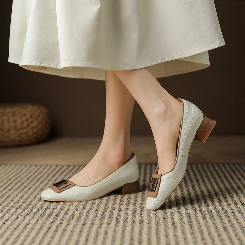 genuine leather pumps fashion metal buckle women shoes square toe shoes woman pumps thick high heels party basic lady shoes