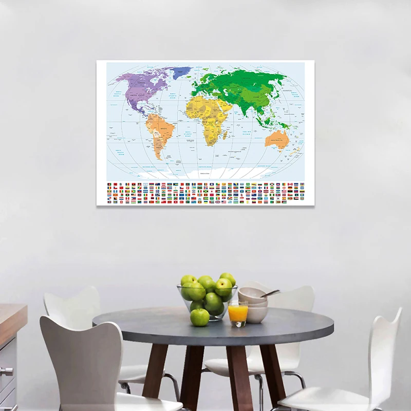 

The World Political Map English Language Map with National Flags Non-woven Canvas Painting Wall Poster Home Decor 7*5 Feet