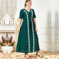 fashion floral embroidered dress v neck loose short sleeve waist lace up dress muslim abaya islam turkey long dress 2022 summer