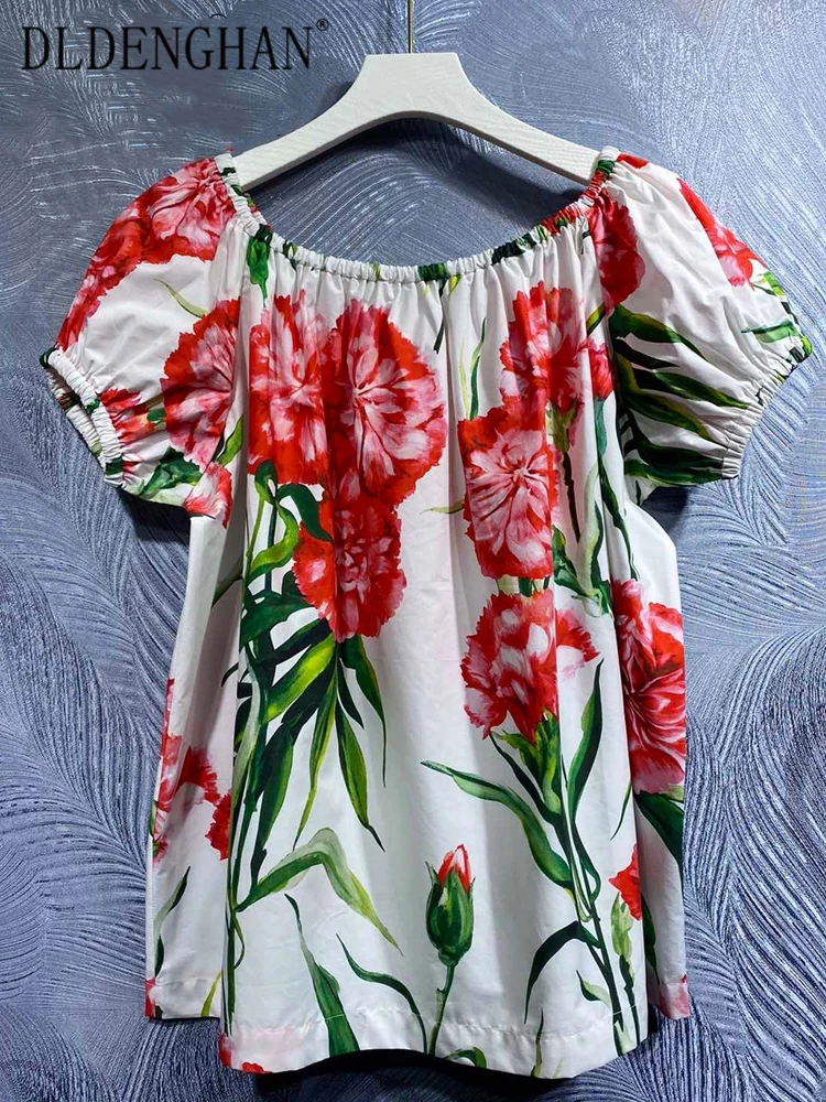 

DLDENGHAN Spring Summer Women 100% Cotton T-Shirt Slash Neck Puff Sleeve Flowers Print Sicily Vacation Tops Designer New