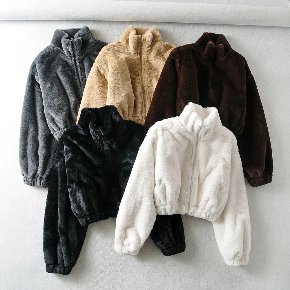 

Korean Version of Loose Imitation Fur Fur Coat Women's Autumn Winter Thickened Semi-High Neck Zipper Short Jacket Warm Top