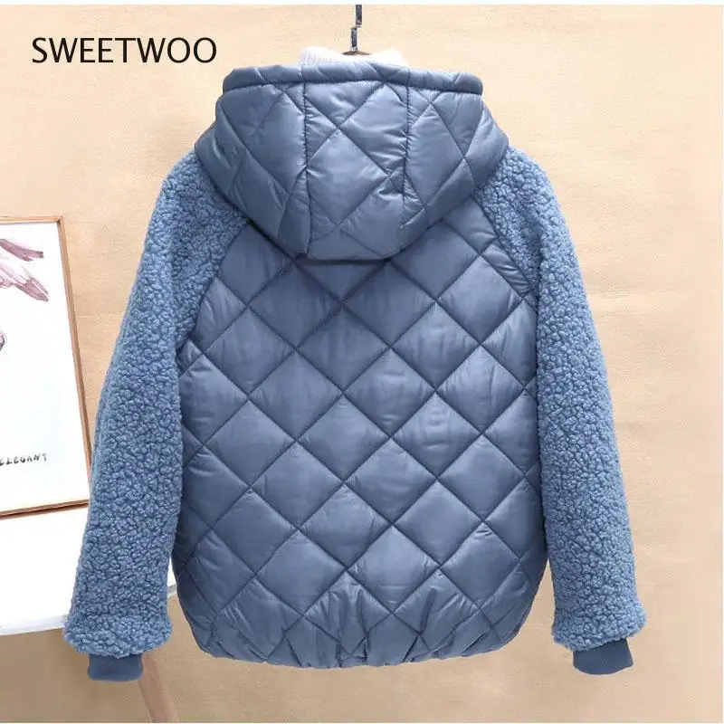 Thin Light Down Cotton Jacket Female Short Coat Autumn Winter Women's 2022 Hooded Loose Imitation Lamb Wool Cotton Jacket Tide