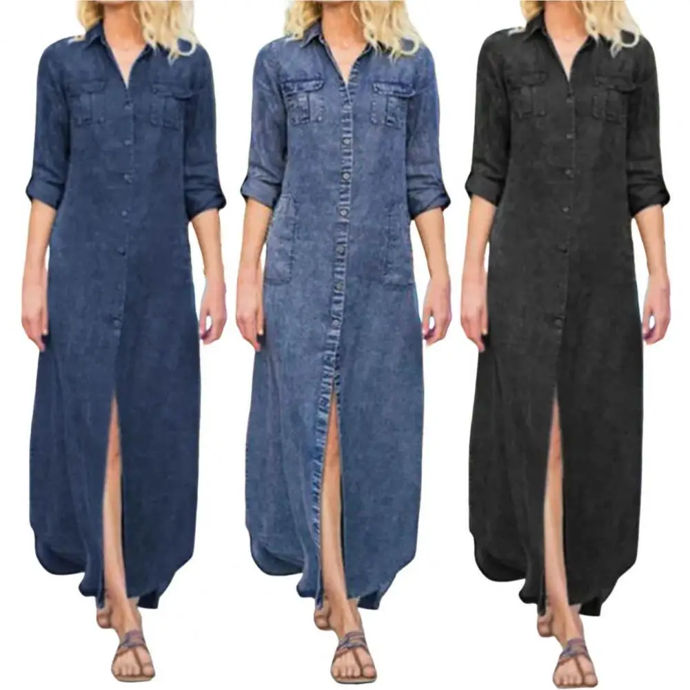 Женское джинсовое платье-рубашка однотонное длинное с отложным воротником