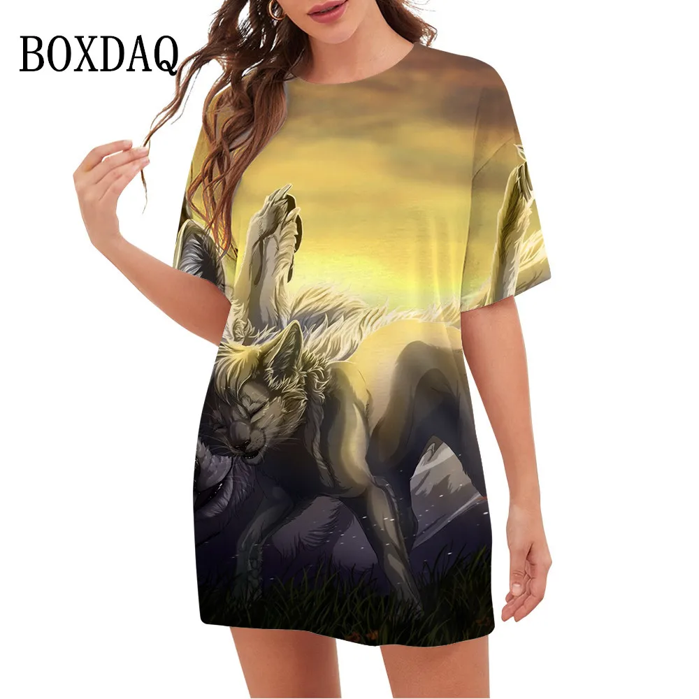 

Женское платье с 3D-принтом волка, свободное повседневное мини-платье с коротким рукавом и круглым вырезом, лето 2023