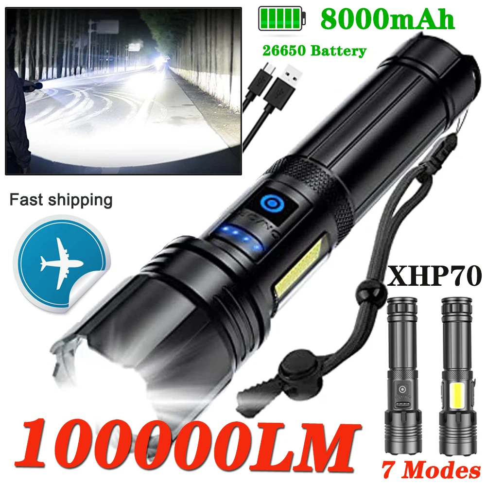 Rechargeable Super Bright Flashlight 7Modes High Lumens Tactical Flashlight Zoomable LED torch With COB Side Light and Display enlarge