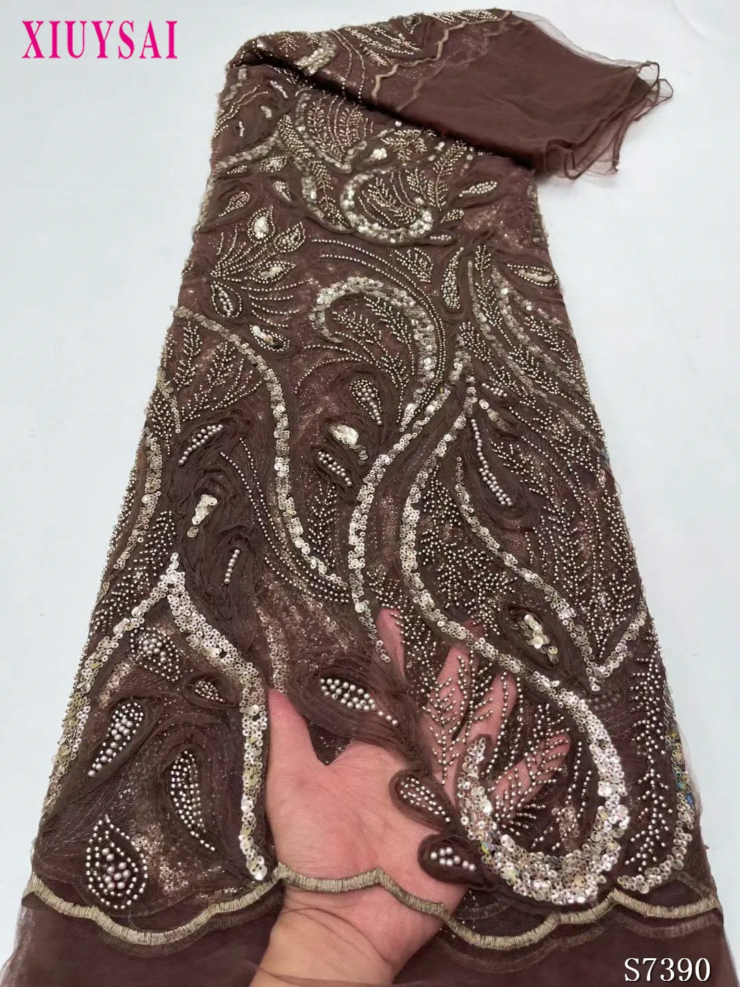 

Brown Nigerian Handmade Beaded Lace Fabric High Quality Sequins Beaded Embroidery African French Lace Fabric Dress