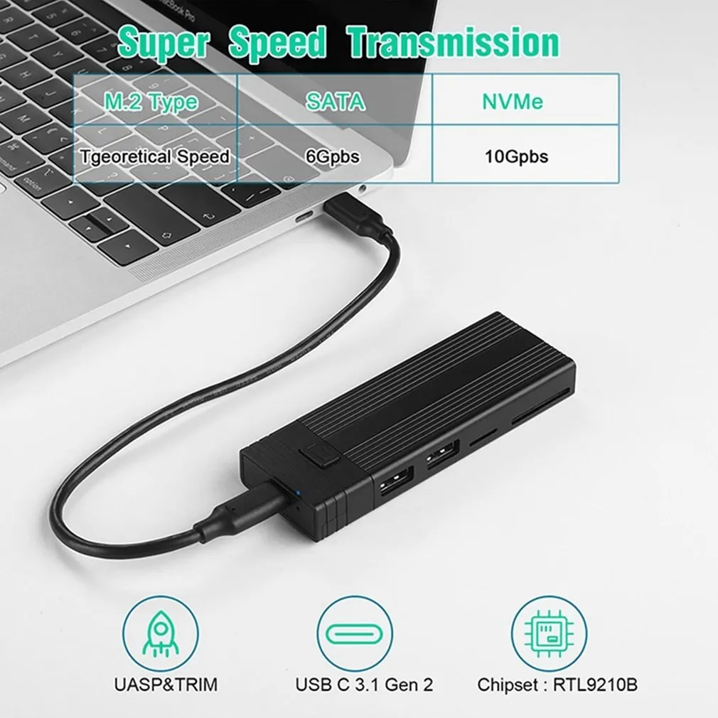 Фото Коробка для жесткого диска USB3.1, портативный концентратор TypeC, двойной протокол SATA/NVME, драйвер не требуется, совместимый корпус для жесткого диска, Прямая поставка №5