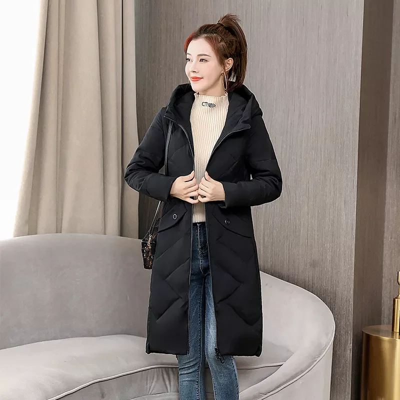 

2023New Long Down Coats Solid Hooded Long Sleeve Zipper Ladies Casual Winter Jacket Pockets Thick Warm Outerwear for Female