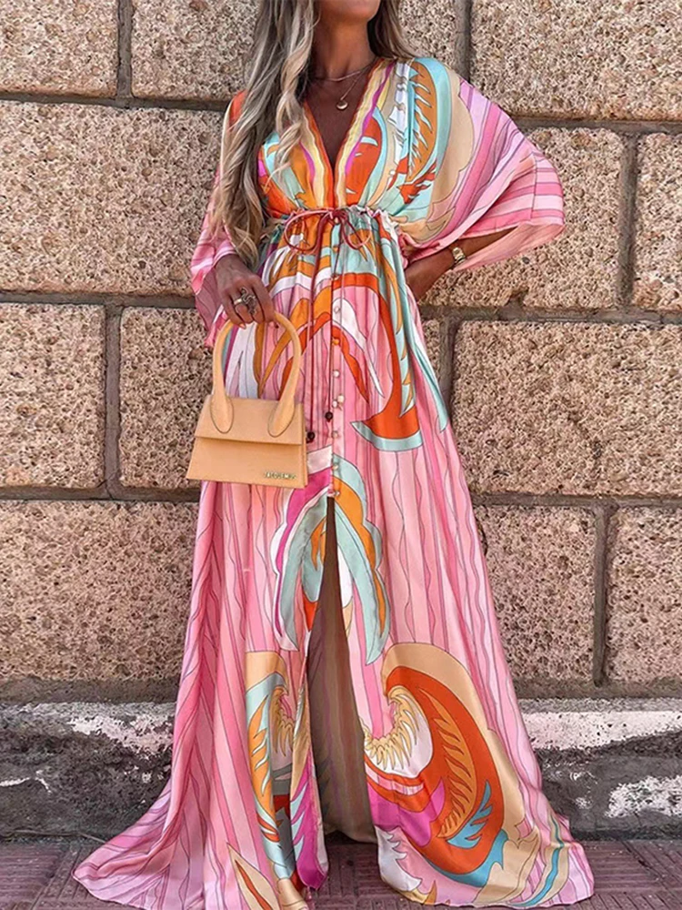 Summer Print Casual Women Dresses Oversized Holiday Beach Dress Boho Long Cover-Up Dress Female Long Sleeve Loose Tunic Dress