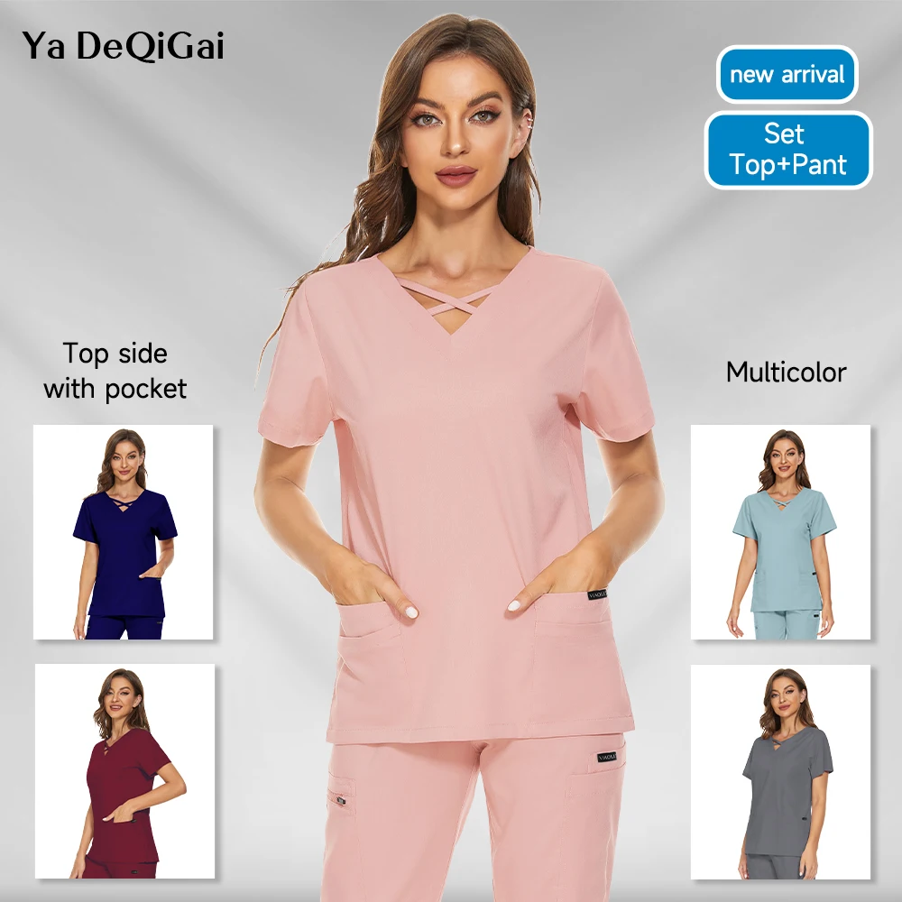 

Medical Uniforms Women Scrubs Clothes Sleeve V-Neck Workers T-Shirt Tops Summer Uniformes Operating Room Medical Accessories