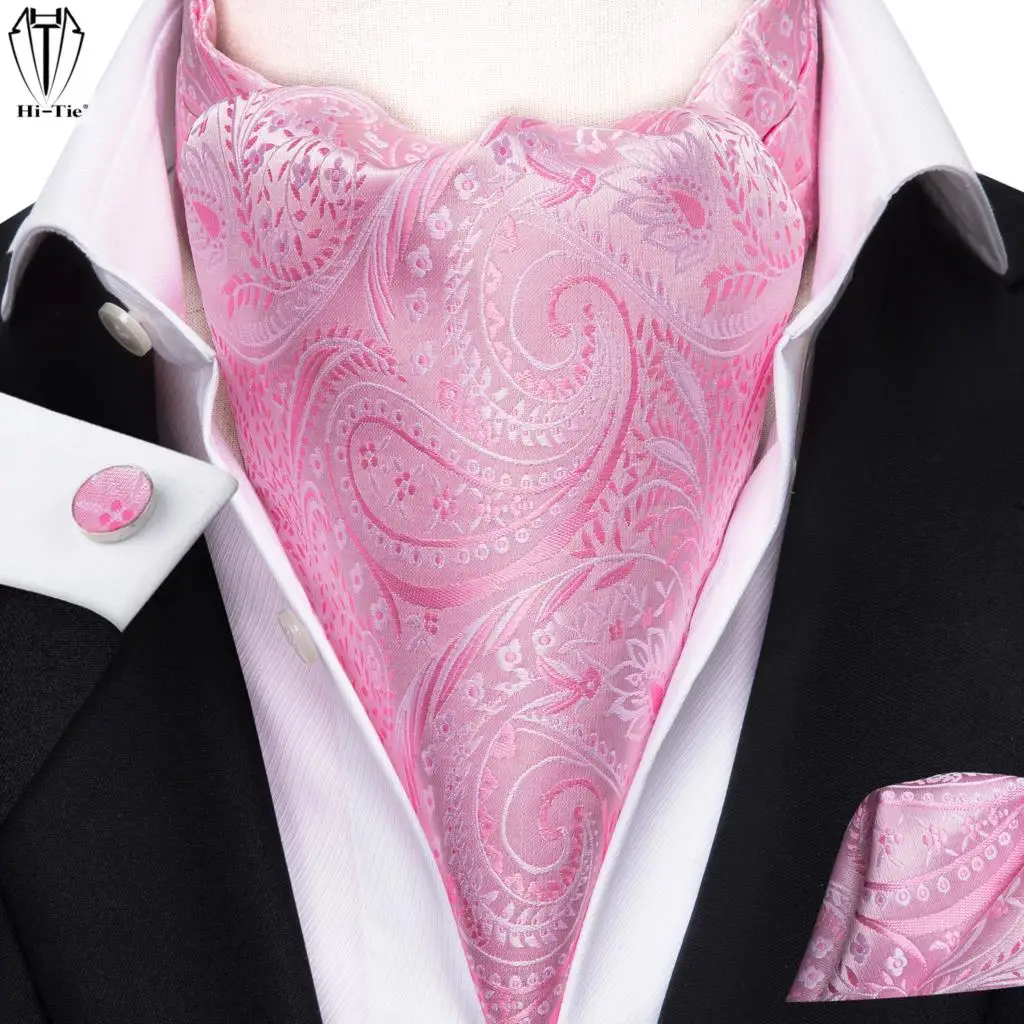 

Hi-Tie Pink Silk Mens Ascots Hanky Cufflinks Set Jacquard Paisley Vintage Cravat Tie Scarf for Male Wedding Party High Quality