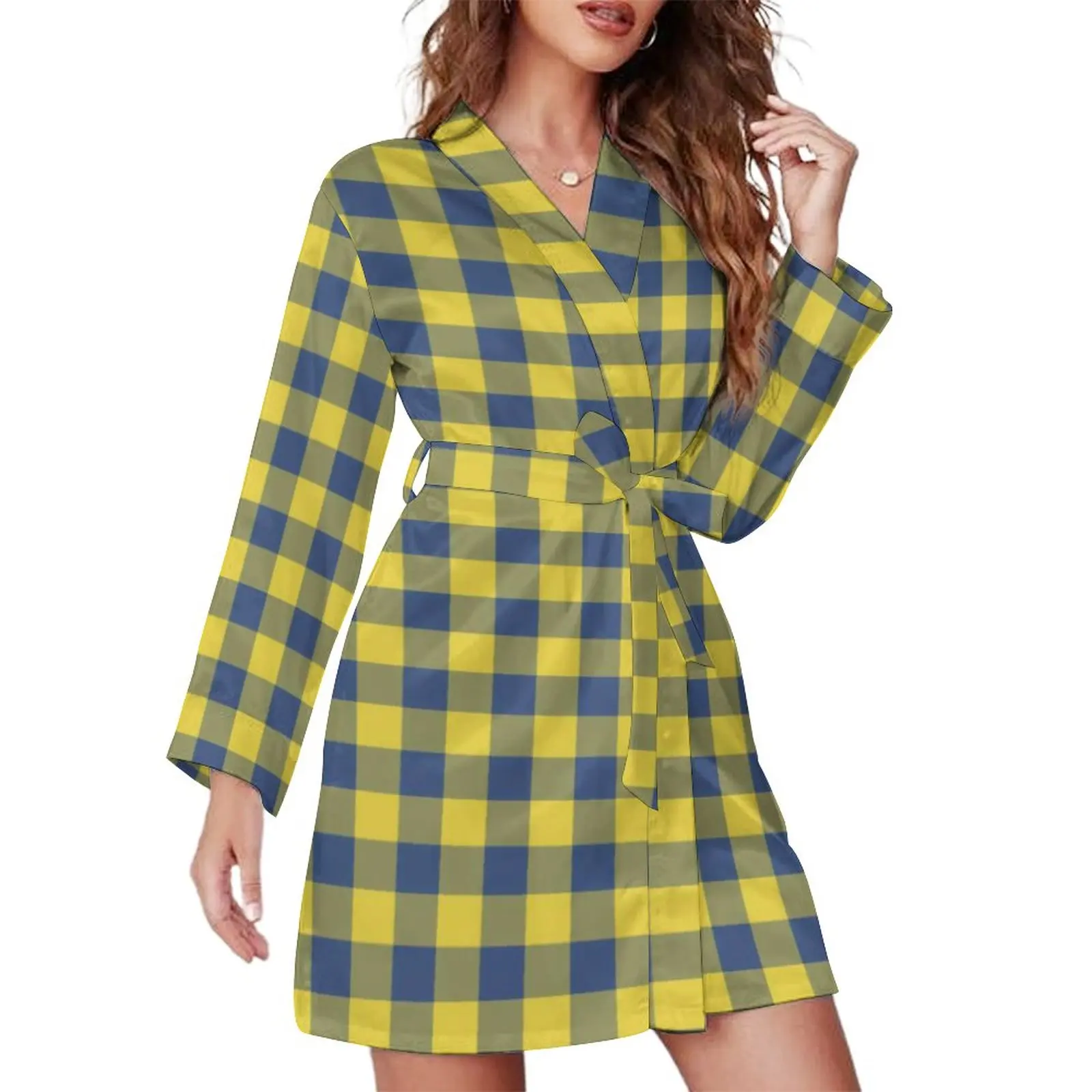 

Retro Buffalo Plaid Pajama Robe Yellow Blue Checks Long Sleeve Aesthetic Pajamas Robes V Neck Sexy Sleepwear Daily Graphic Dress