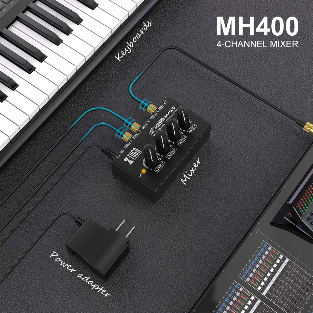 Фото Микрофонный микшер XTUGA MH400: ультракомпактный, с низким уровнем шума, 4-канальный аудиоинтерфейс для клавишных, гитар, бас-гитар, музыкальных инструментов №3